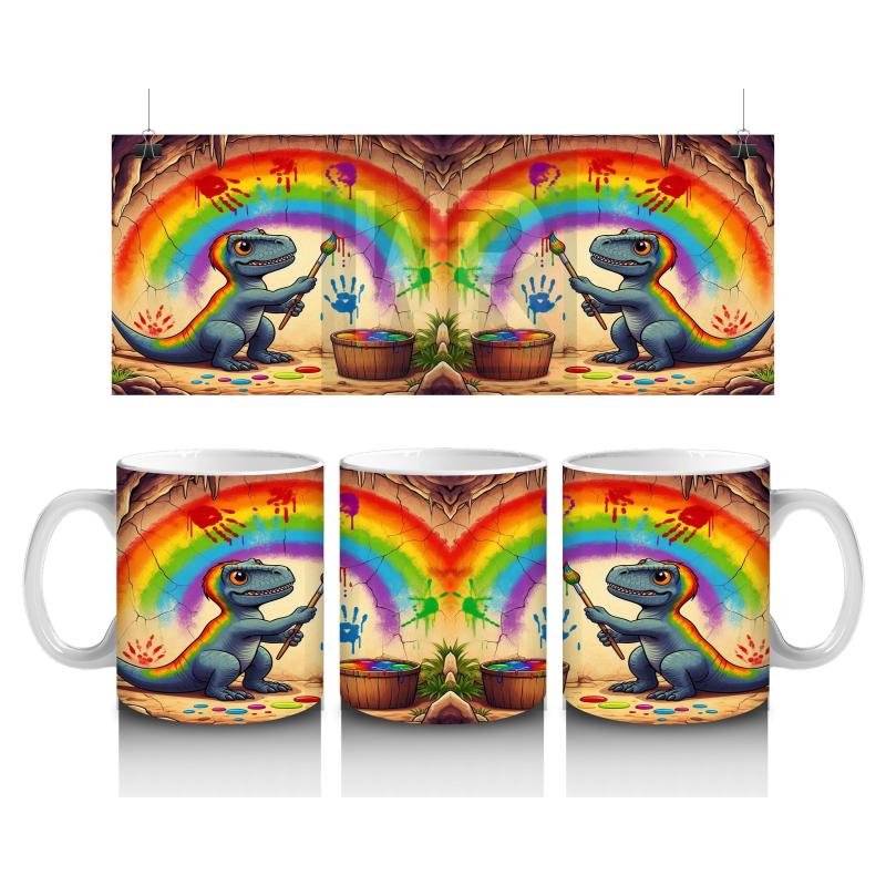 Çocuklara Sütü Sevdiren Gökkuşağı Çizen Sanatçı Dinozor Desenli Kupa Bardak