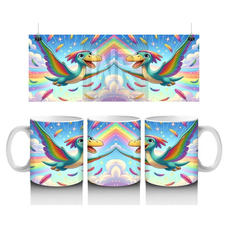 Çocuklara Sütü Sevdiren Gökkuşağı Kanatlı Dino Kuş Kupa Bardak