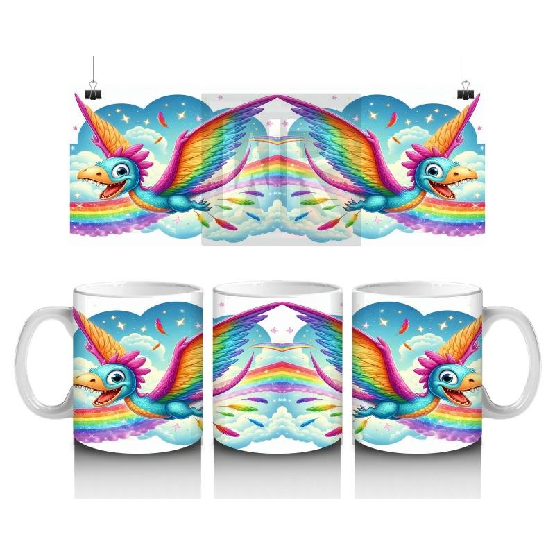 Çocuklara Sütü Sevdiren Gökkuşağı Kanatlı Dinozor Desenli Kupa Bardak