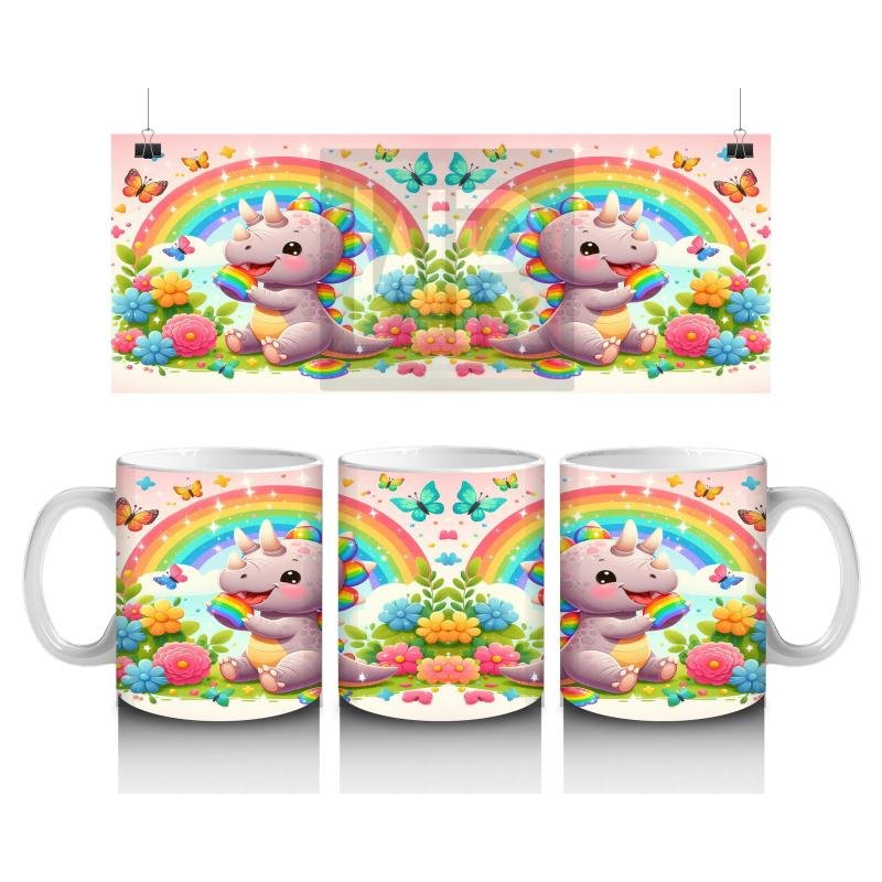 Çocuklara Sütü Sevdiren Gökkuşağı Şekerli Neşeli Dinozor Desenli Kupa Bardak