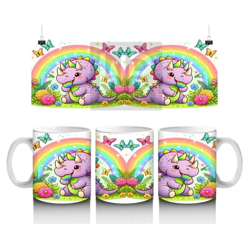 Çocuklara Sütü Sevdiren Gökkuşağı Şekerli Sevimli Dinozor Desenli Kupa Bardak