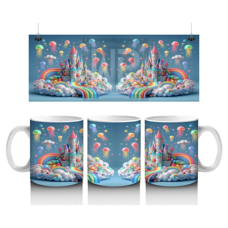 Çocuklara Sütü Sevdiren Gökkuşağı Şelaleli Renkli Masal Şatosu Desenli Kupa Bardak