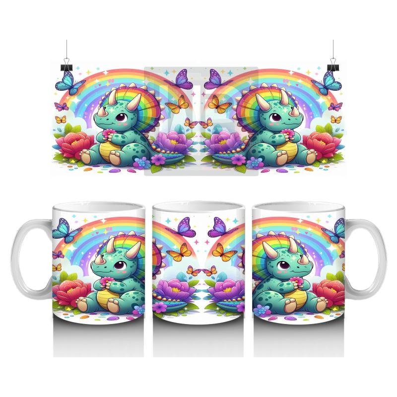 Çocuklara Sütü Sevdiren Gökkuşağı Triceratops Kupa Bardak