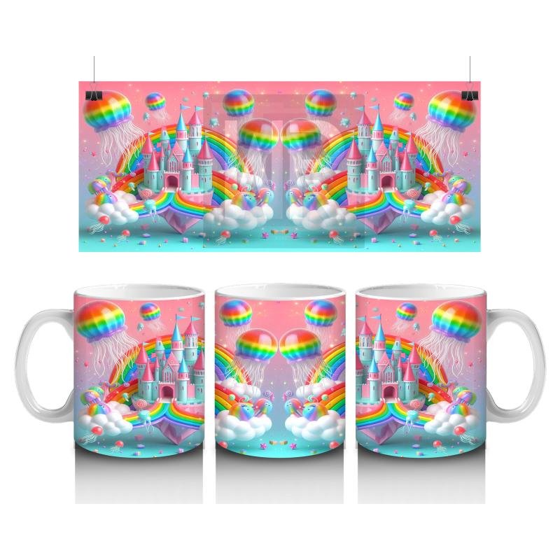 Çocuklara Sütü Sevdiren Gökkuşağı ve Balonlu Masal Şatosu Desenli Kupa Bardak