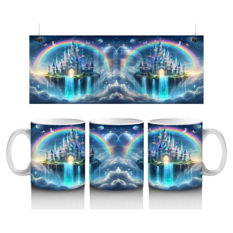 Çocuklara Sütü Sevdiren Gökkuşağı ve Büyülü Şato Desenli Kupa Bardak