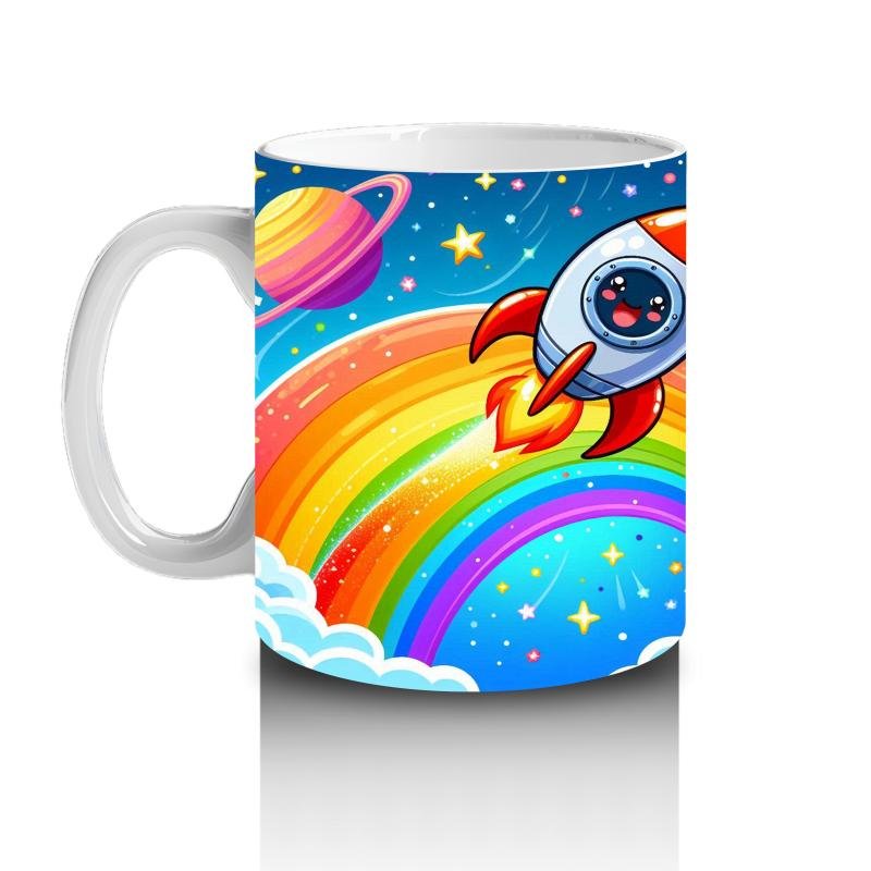 Çocuklara Sütü Sevdiren Gökkuşağı ve Roketli Uzay Macerası Desenli Kupa Bardak - 2