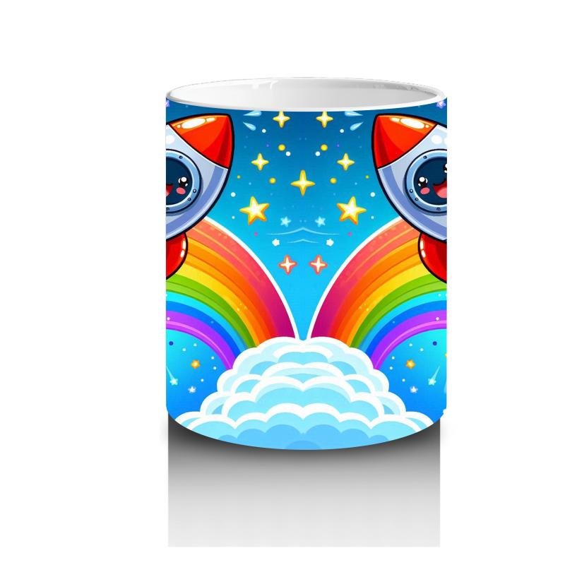 Çocuklara Sütü Sevdiren Gökkuşağı ve Roketli Uzay Macerası Desenli Kupa Bardak - 3