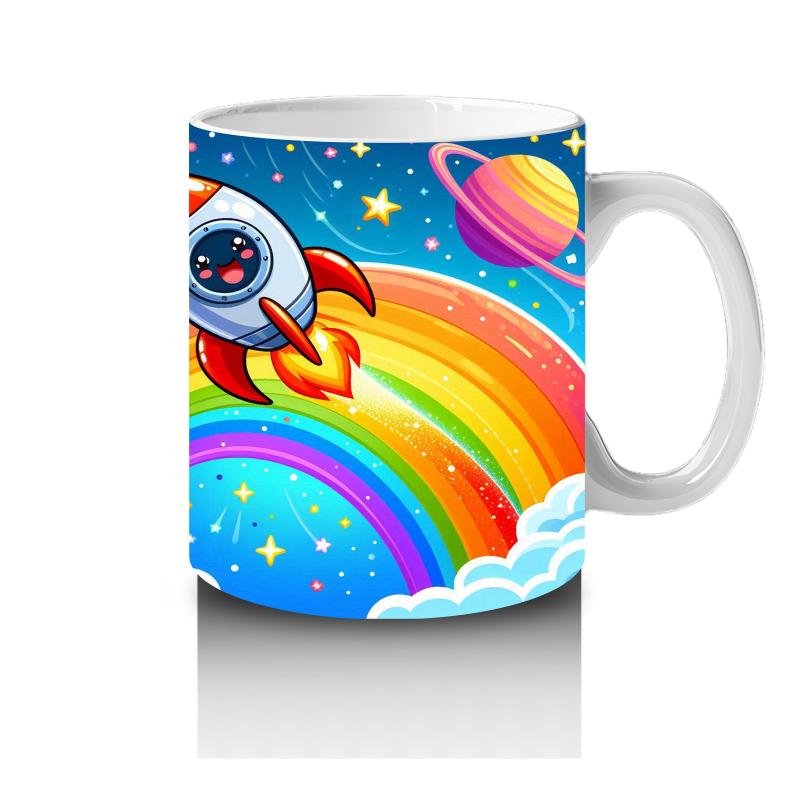 Çocuklara Sütü Sevdiren Gökkuşağı ve Roketli Uzay Macerası Desenli Kupa Bardak - 4