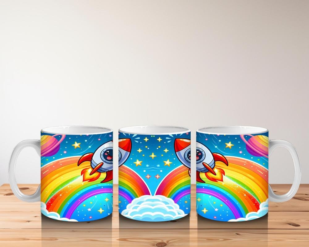 Çocuklara Sütü Sevdiren Gökkuşağı ve Roketli Uzay Macerası Desenli Kupa Bardak - 5