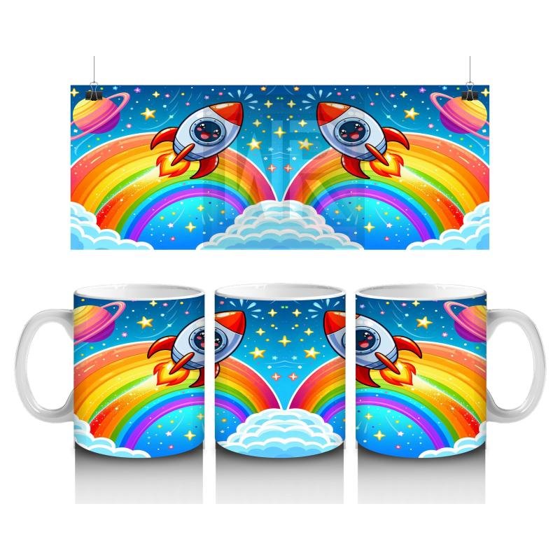 Çocuklara Sütü Sevdiren Gökkuşağı ve Roketli Uzay Macerası Desenli Kupa Bardak