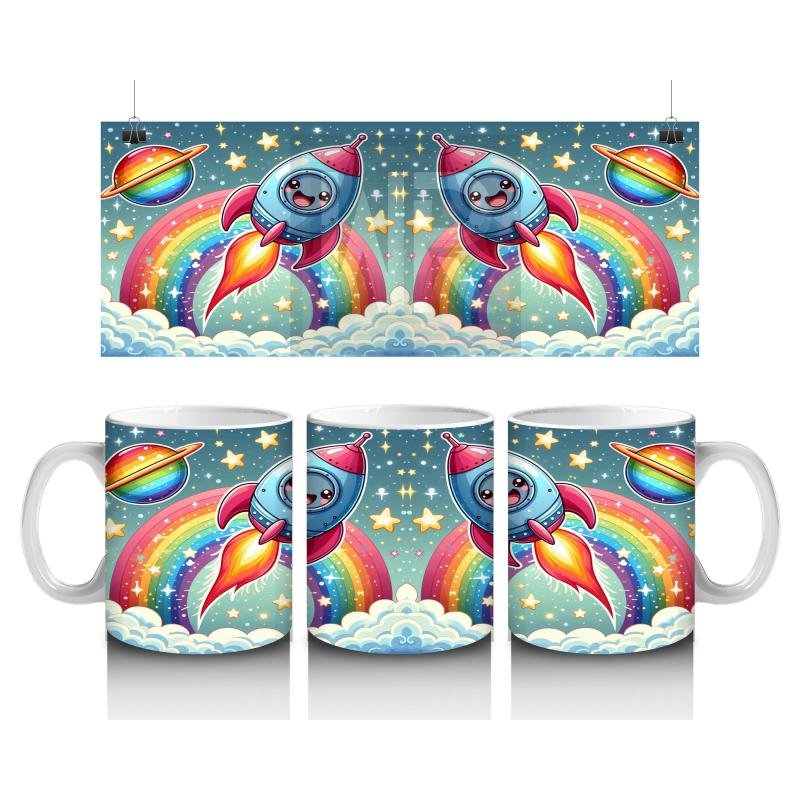 Çocuklara Sütü Sevdiren Gökkuşağı ve Sevimli Roket Yolculuğu Desenli Kupa Bardak