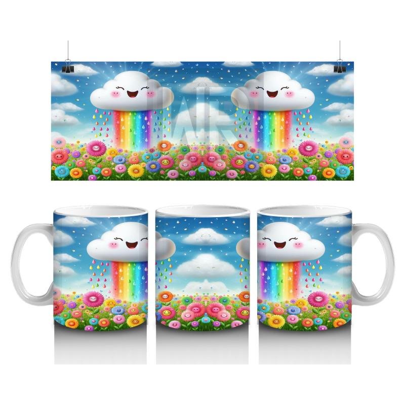 Çocuklara Sütü Sevdiren Gökkuşağı Yağdıran Neşeli Bulut Desenli Kupa Bardak