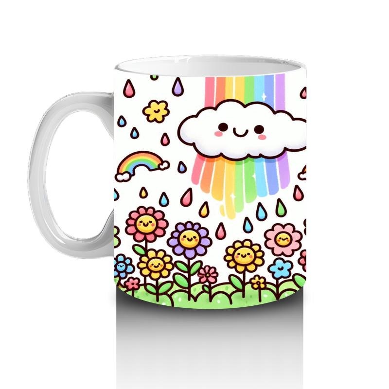 Çocuklara Sütü Sevdiren Gökkuşağı Yağmurlu Gülümseyen Bulut ve Çiçekler Desenli Kupa Bardak - 2