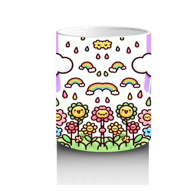 Çocuklara Sütü Sevdiren Gökkuşağı Yağmurlu Gülümseyen Bulut ve Çiçekler Desenli Kupa Bardak - 3