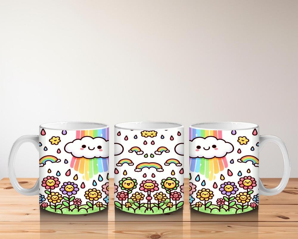 Çocuklara Sütü Sevdiren Gökkuşağı Yağmurlu Gülümseyen Bulut ve Çiçekler Desenli Kupa Bardak - 5