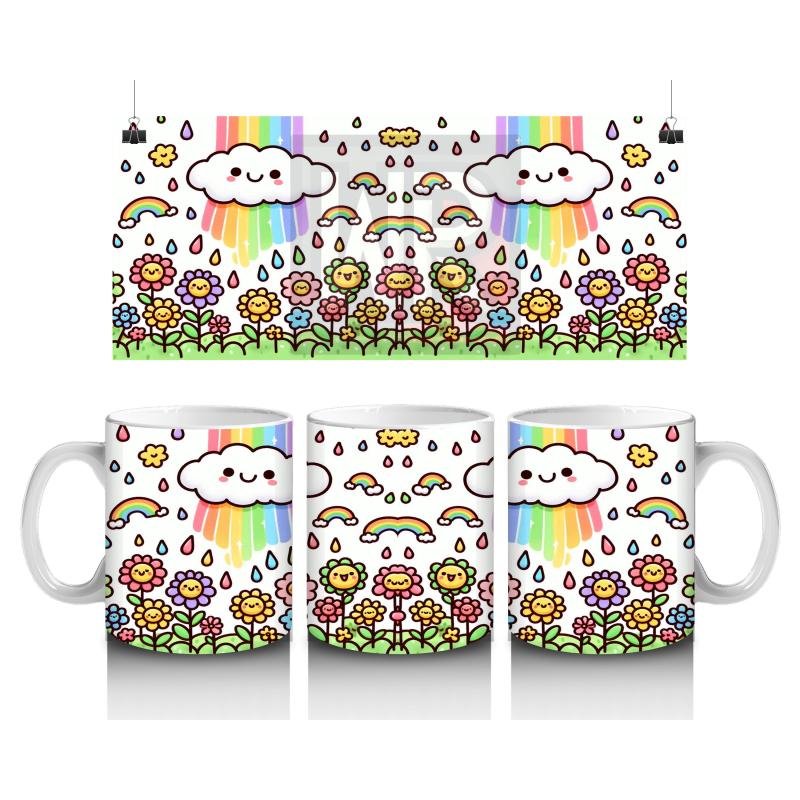 Çocuklara Sütü Sevdiren Gökkuşağı Yağmurlu Gülümseyen Bulut ve Çiçekler Desenli Kupa Bardak