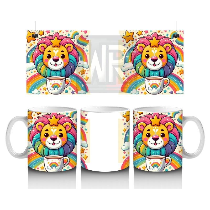 Çocuklara Sütü Sevdiren Gökkuşağı Yelesi ve Süt Kupasıyla Sevimli Aslan Desenli Kupa Bardak