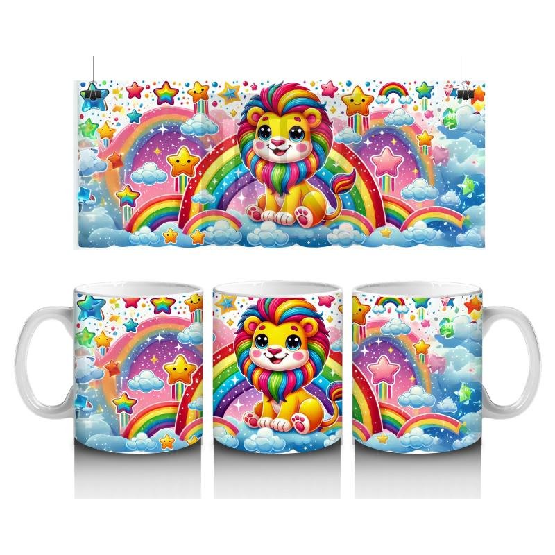 Çocuklara Sütü Sevdiren Gökkuşağı Yelesiyle Sevimli Aslan Desenli Kupa Bardak