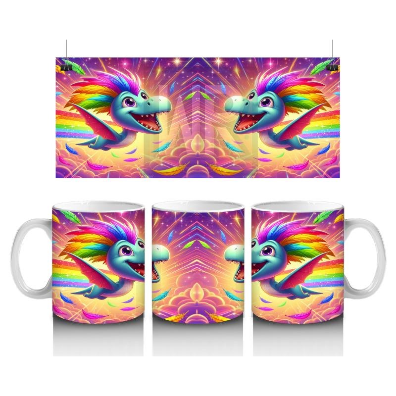 Çocuklara Sütü Sevdiren Gökkuşağı Yelesiyle Uçan Sevimli Dinozor Desenli Kupa Bardak