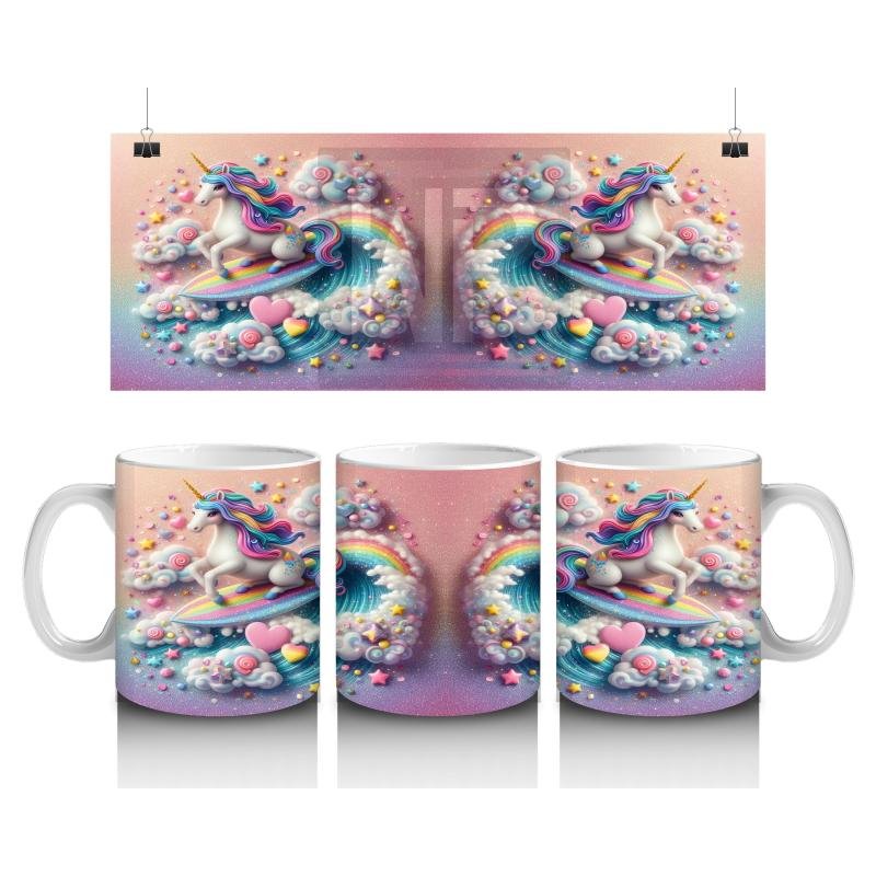 Çocuklara Sütü Sevdiren Gökkuşağında Sörf Yapan Unicorn Desenli Kupa Bardak