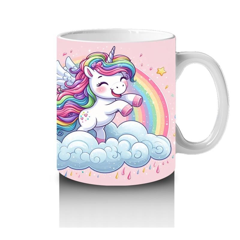Çocuklara Sütü Sevdiren Gökkuşağında Uçan Mutlu Unicorn Desenli Kupa Bardak - 4