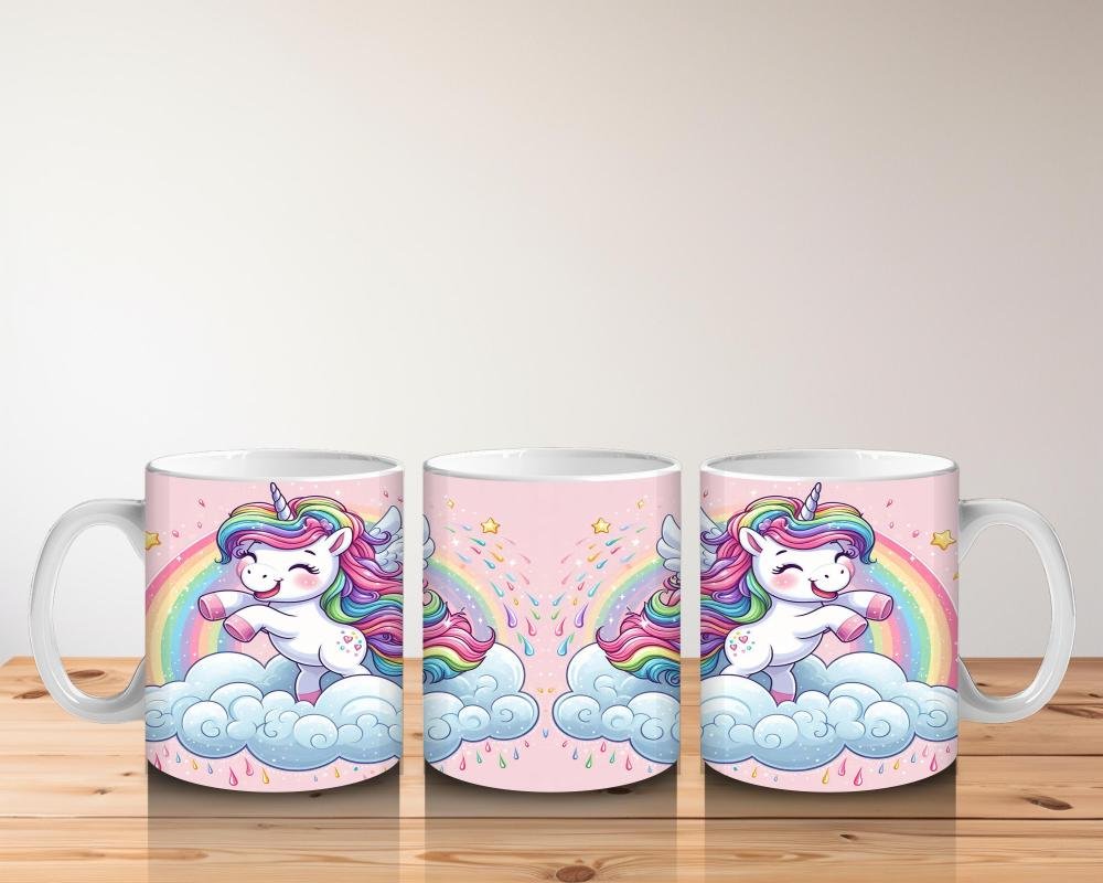 Çocuklara Sütü Sevdiren Gökkuşağında Uçan Mutlu Unicorn Desenli Kupa Bardak - 5