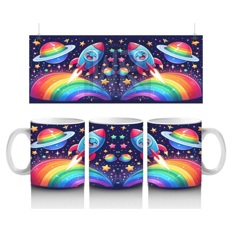 Çocuklara Sütü Sevdiren Gökkuşağından Fırlayan Neşeli Roketler Desenli Kupa Bardak