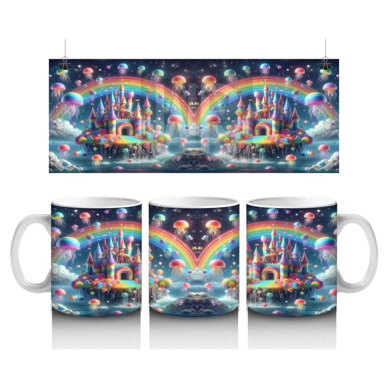 Çocuklara Sütü Sevdiren Gökkuşağıyla Parlayan Masal Şatosu Desenli Kupa Bardak