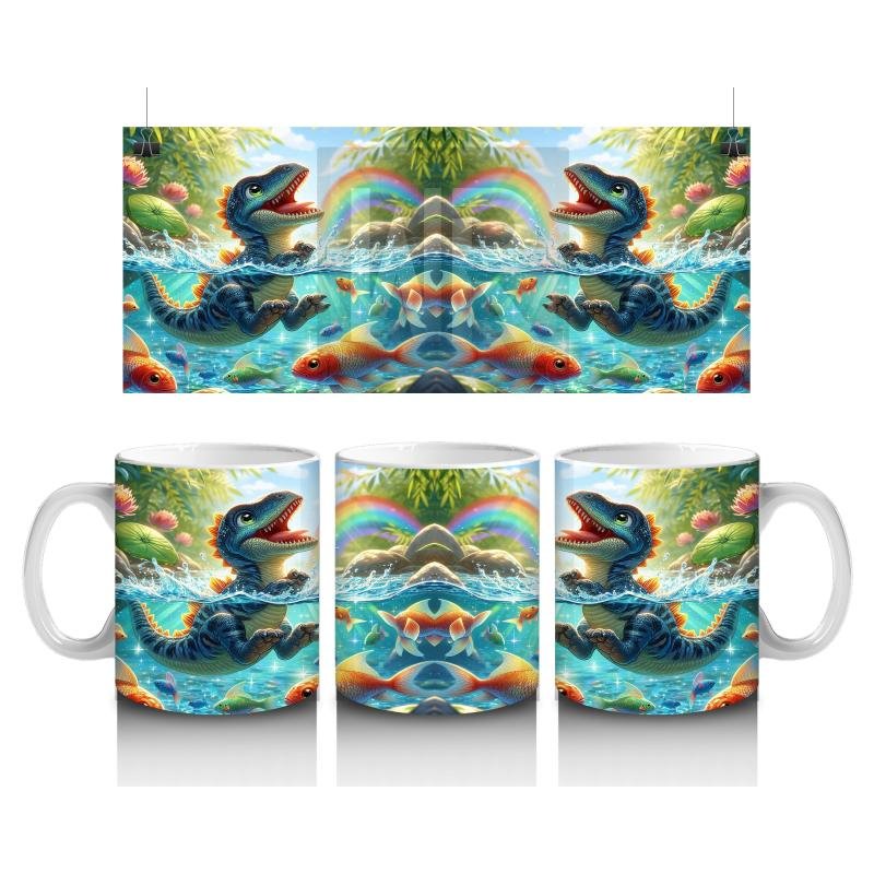 Çocuklara Sütü Sevdiren Gölet İçinde Yüzen Dinozor ve Balıklar Desenli Kupa Bardak