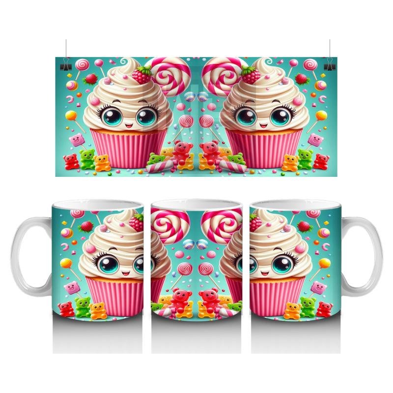 Çocuklara Sütü Sevdiren Gözleri Gülen Renkli Cupcake ve Şekerlemeler Desenli Kupa Bardak