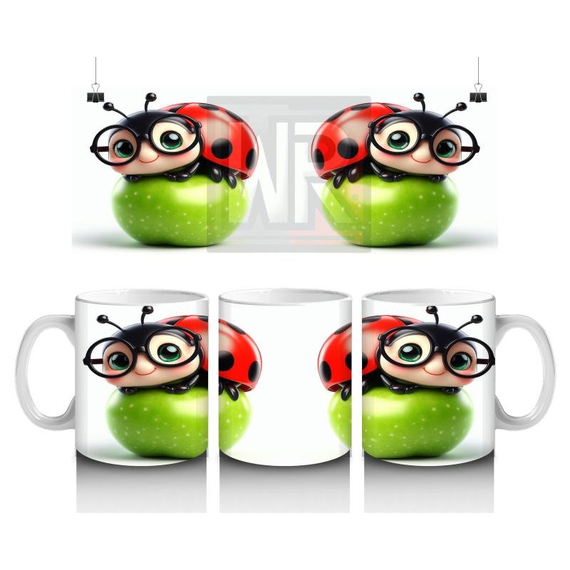 Çocuklara Sütü Sevdiren Gözlüklü Uğur Böceği ve Elma Desenli Kupa Bardak