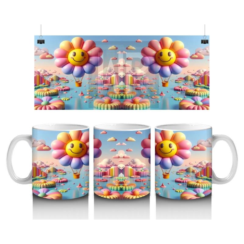 Çocuklara Sütü Sevdiren Gülümseyen Çiçek Balonlar ve Renkli Bulutlar Desenli Kupa Bardak