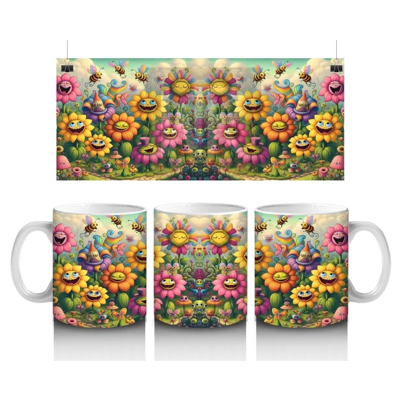 Çocuklara Sütü Sevdiren Gülümseyen Çiçekler ve Uçuşan Arılar Desenli Kupa Bardak