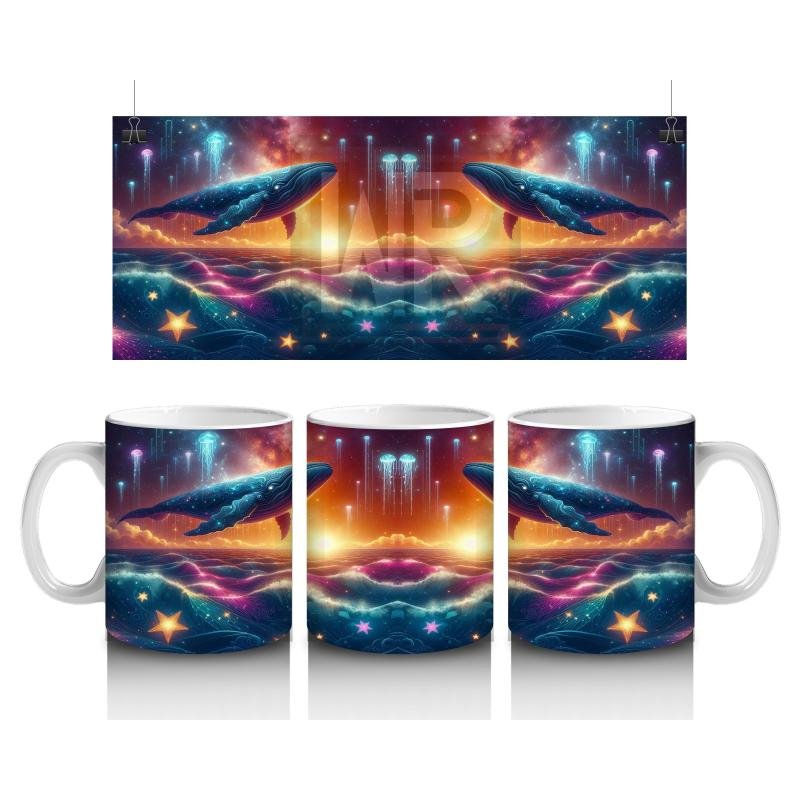 Çocuklara Sütü Sevdiren Işıklar Altında Yüzen Kozmik Balina Desenli Kupa Bardak