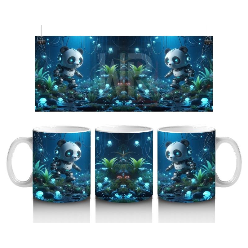 Çocuklara Sütü Sevdiren Işıltılı Ormanda Keşfe Çıkan Robot Panda Desenli Kupa Bardak