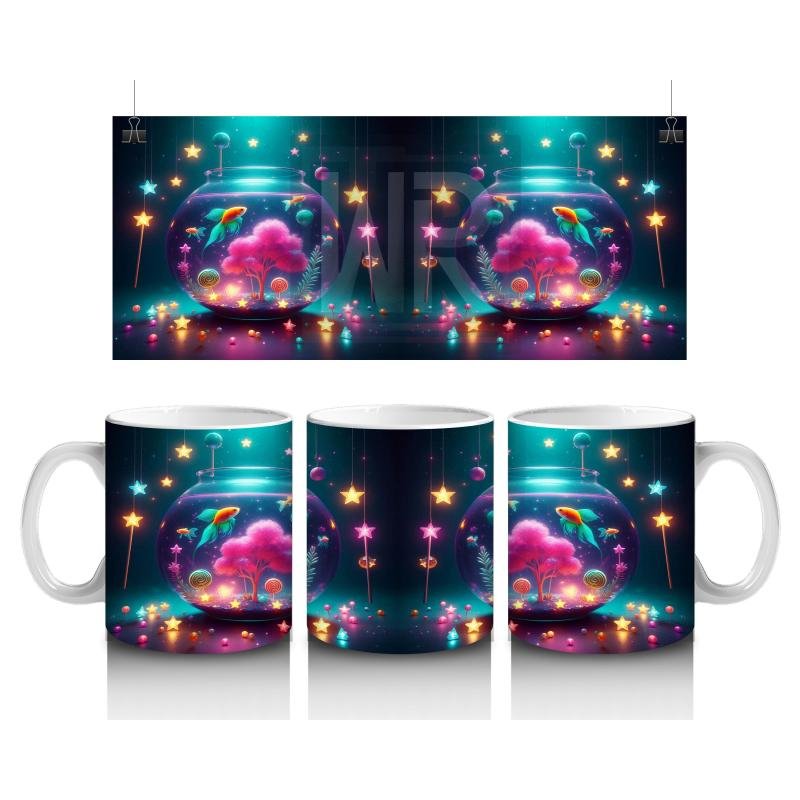 Çocuklara Sütü Sevdiren Işıltılı Renkli Balık Akvaryumu Desenli Kupa Bardak