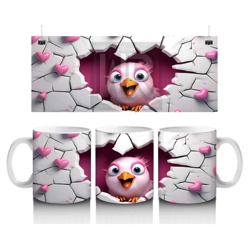 Çocuklara Sütü Sevdiren Kalp Çatlağından Bakan Pembeli Kuş Kupa Bardak