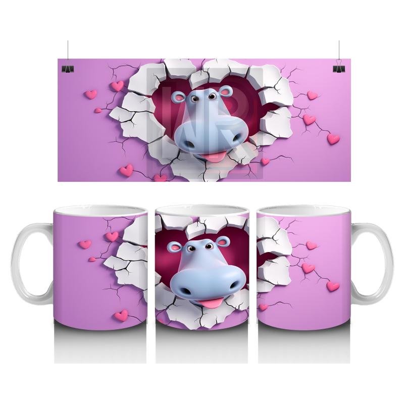 Çocuklara Sütü Sevdiren Kalp Çerçevesindeki Meraklı Su Aygırı Kupa Bardak