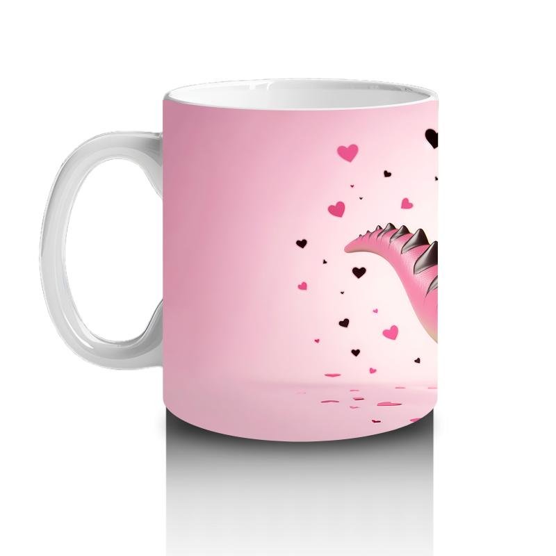 Çocuklara Sütü Sevdiren Kalp Çerçevesinden Bakan Pembe Dinozor Kupa Bardak - 2