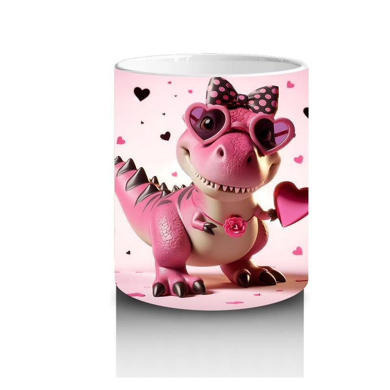 Çocuklara Sütü Sevdiren Kalp Çerçevesinden Bakan Pembe Dinozor Kupa Bardak - 3