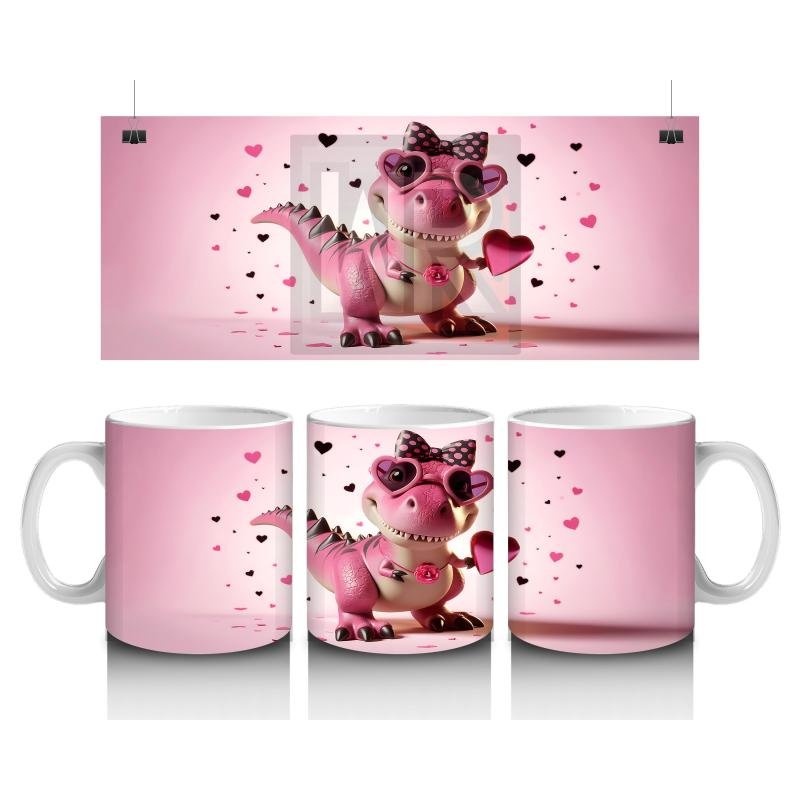 Çocuklara Sütü Sevdiren Kalp Çerçevesinden Bakan Pembe Dinozor Kupa Bardak