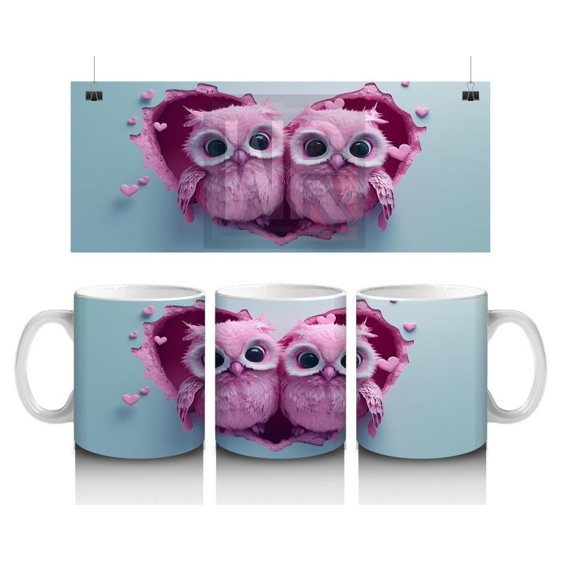 Çocuklara Sütü Sevdiren Kalp Çerçevesinden Bakan Pembemsi Baykuş Çifti Kupa Bardak