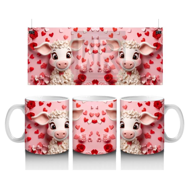 Çocuklara Sütü Sevdiren Kalpli Arka Planlı Sevimli Kuzu Desenli Kupa Bardak