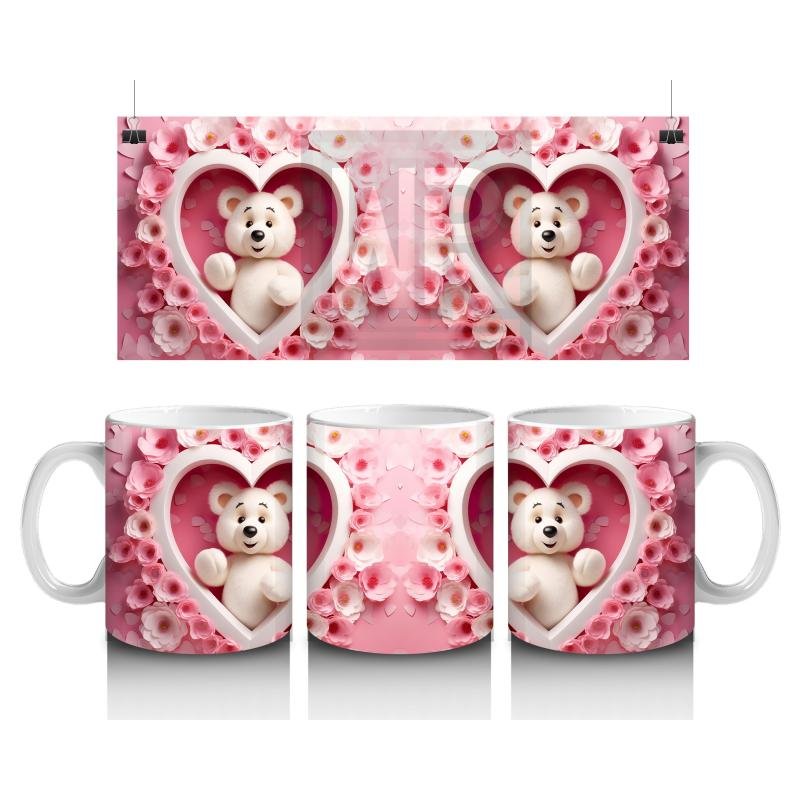 Çocuklara Sütü Sevdiren Kalpli Çerçevede Beyaz Ayıcık Desenli Kupa Bardak