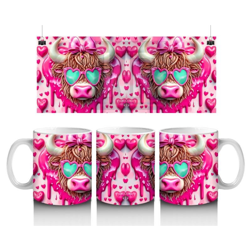 Çocuklara Sütü Sevdiren Kalpli Gözlüklü Pembe Fiyonklu İnek Desenli Kupa Bardak