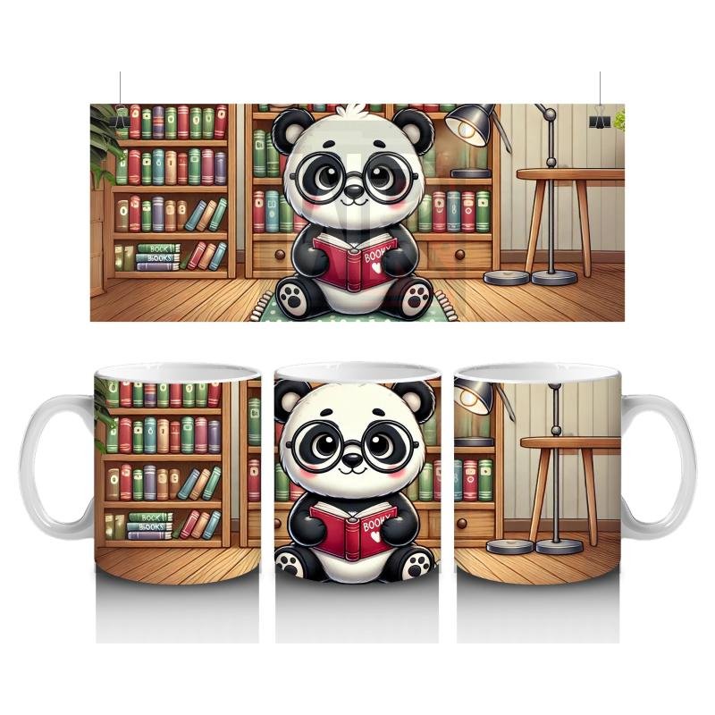 Çocuklara Sütü Sevdiren Kitap Okuyan Sevimli Panda Desenli Kupa Bardak