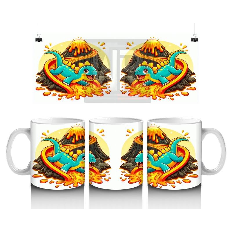 Çocuklara Sütü Sevdiren Lav Kaydırağında Kayarken Neşelenen Dinozor Desenli Kupa Bardak