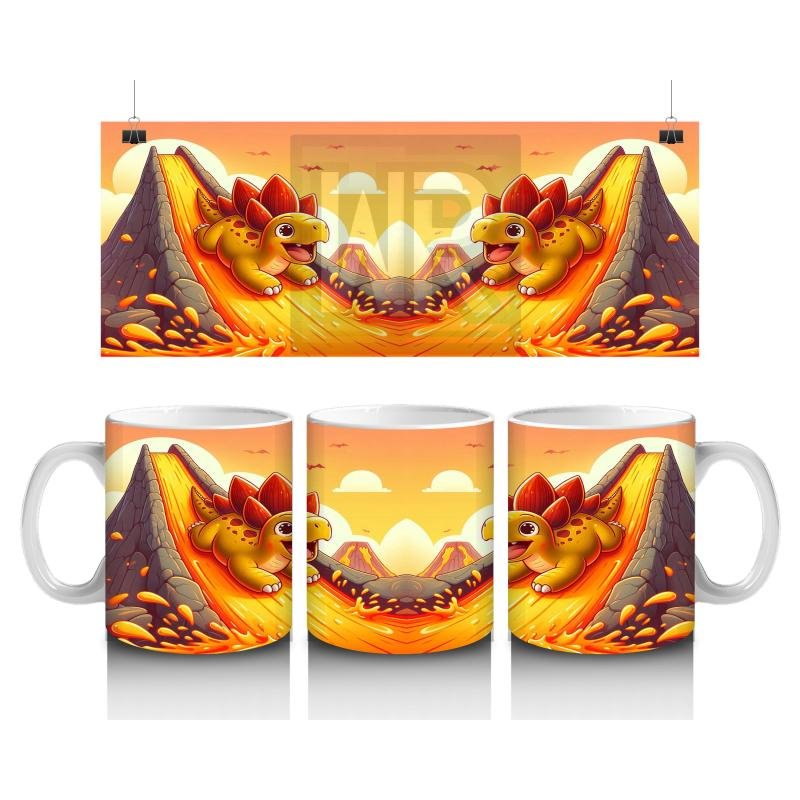 Çocuklara Sütü Sevdiren Lav Kaydıraklarında Kayak Keyfi Yapan Dinozor Desenli Kupa Bardak