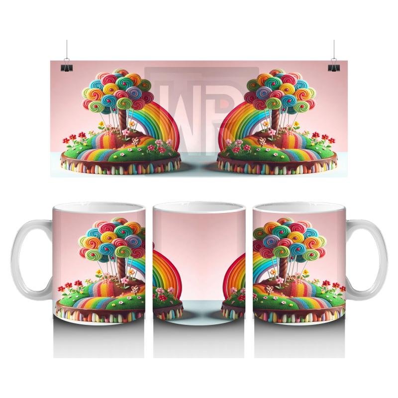 Çocuklara Sütü Sevdiren Lolipop Ağaçlı Gökkuşağı Ada Kupa Bardak