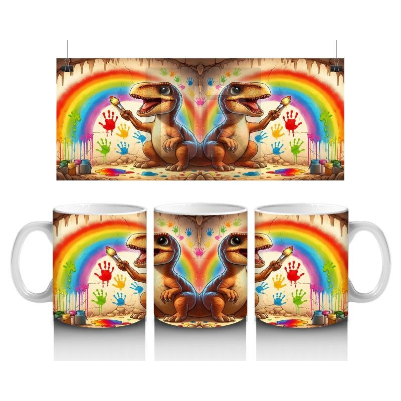 Çocuklara Sütü Sevdiren Mağara Duvarına Gökkuşağı Çizen Sevimli Dinozor Desenli Kupa Bardak